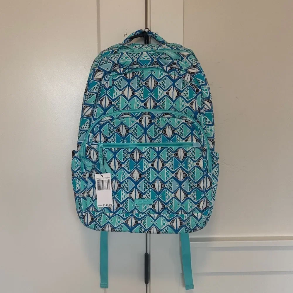 Vera Bradley Go Fish Blue Patterned Quilted Large Essential Travel Backpack NWT
